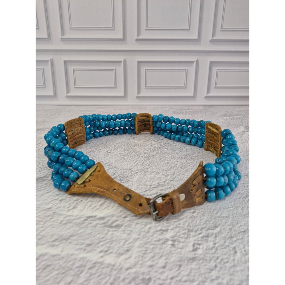 Beaded Leather Belt Brass Heart Hardware Southwestern Boho Multi Strand Blue